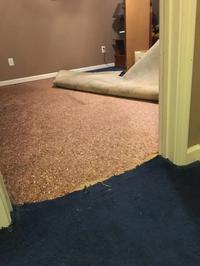 Carpet pad removal revealing water damage during Water Mitigation Services in San Francisco