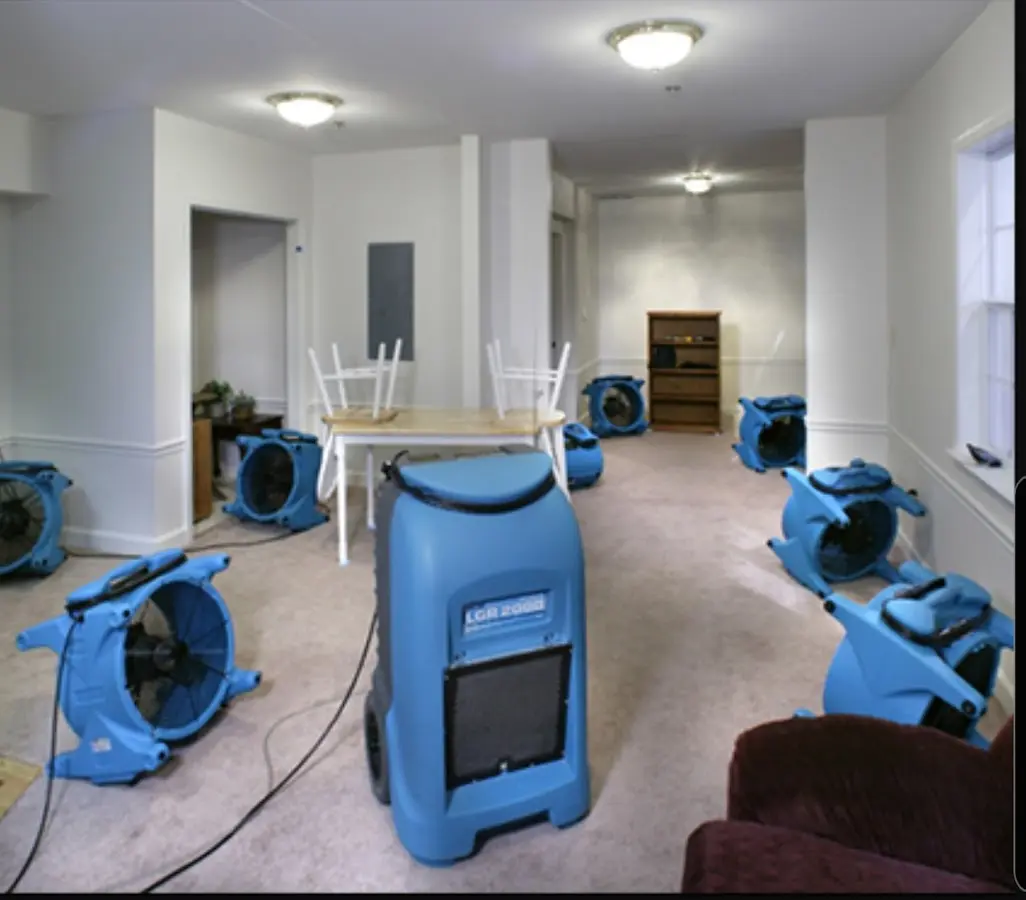 Air movers and dehumidifier setup for Water Damage Restoration in San Francisco